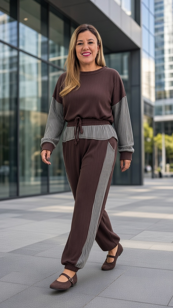 Conjunto de Pans y Blusa Sudadera Café de Manga Larga con Mangas Verdes Estampadas a Rayas